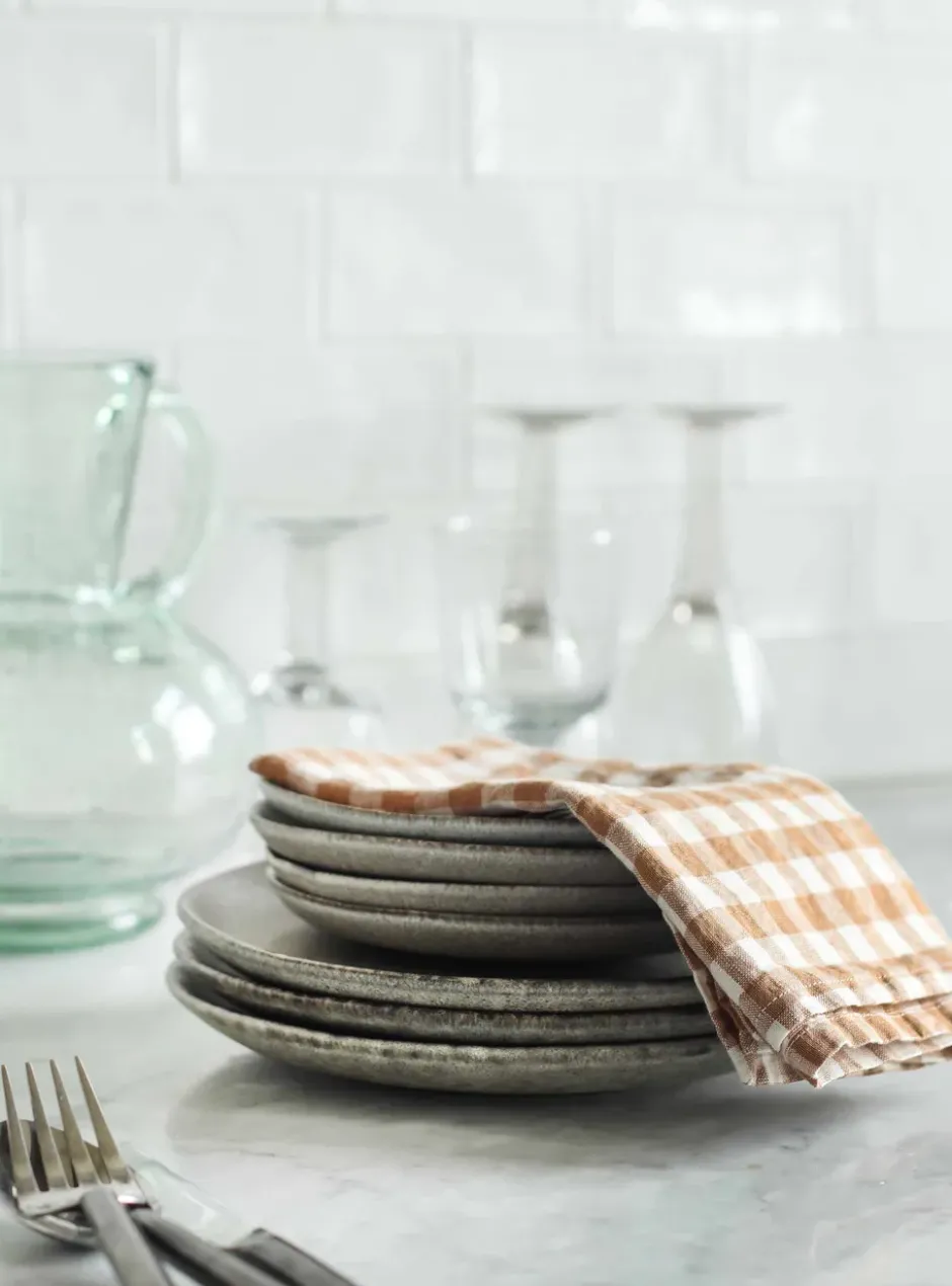Gingham-ruudullinen pellavalautasliina 45 x 45 cm, Biscuit